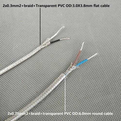 20m/lot 22AWGx2C+copper braid+pvc ca or 2*0.75mm+FEP insulation+copper braid power cable round cable lighting wiring