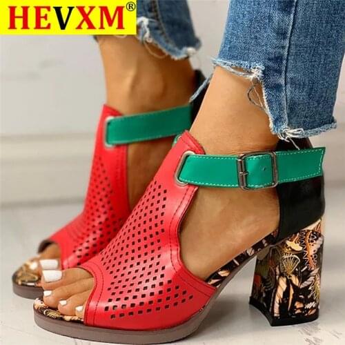 Women Sandals Summer Shoes Flock Block Heels Buckle Strap Ladies Classic Sandals Female Fashion High Heels Zapatos De Mujer
