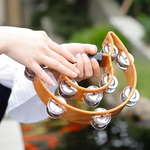 Double Half Moon Tambourine Percussion Musical Instruments Hand Bell Drum for Party KTV with Wood Handle Metal Jingle Bells