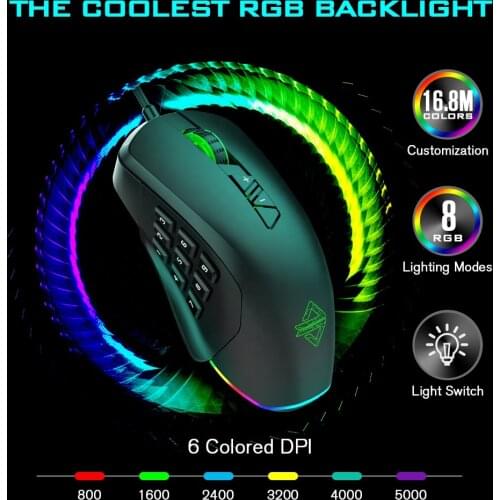 Ajazz USB Gaming Mouse RGB Backlit Ergonomic Wired Computer Mouse 14 Buttons 5000DPI Optical Sensor Mice for Computer PC Laptop