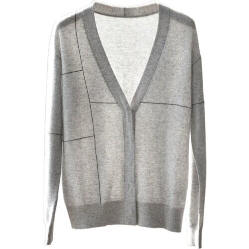 SHUCHAN Design Women Cardigan Office Lady 2021 Spring Thin 100% Cashmere Sweater V-Neck Covered Button Geometric Top