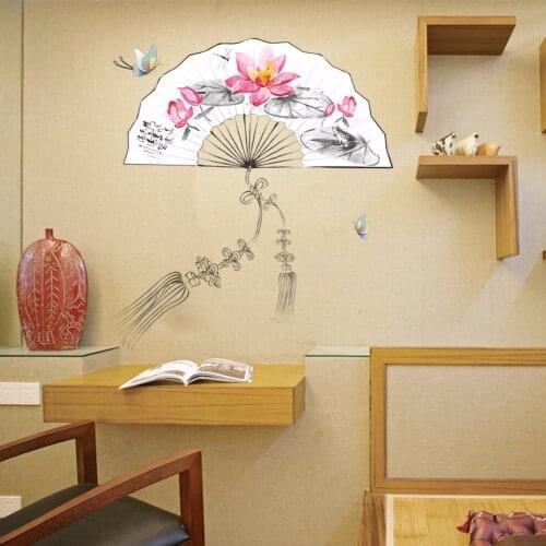 Chinese Traditional Scenery Folding Fan Pendant Wall Sticker Living Room Bedroom Hallway Wallpaper Wall Graphic Poster Decor