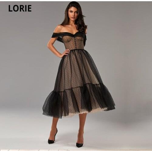 LORIE Black Prom Dresses Off the Shoulder Polka Dot Tulle Tea Length Ruffled Evening Gown Girl Celebrity Party Graduation Dress