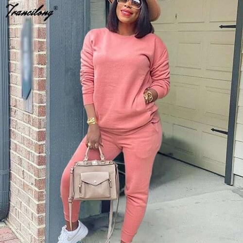 Fashion Solid Cotton Casual Pants Sweat Suit Sweatshirt Tight 2 Piece Sets Women Outfits Spring Tracksuit Conjuntos Mujer 2021