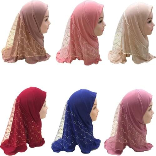 Muslim Girls Kids Hijab Scarf Islamic Mesh Headscarf Cover Head Wrap Shawl Caps Full Cover Prayer Hat Arab Turban Amira Fashion
