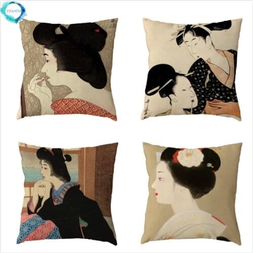Japanese Style Ancient Woman Pattern Cushion Cover Polyester Decorative Home Sofa Car Throw Pillow Case 45X45CM