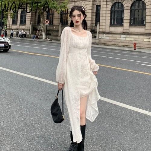 WAKUTA 2021 New Fairy Dress Chic Elegant Temperament Square Neck High Waist Irregular Dresses Female Streetwear Patchwork Robe