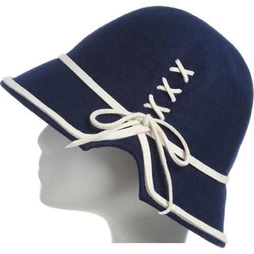 Autumn Winter lady Formal hat Antique classics rope Bowknot Wool dome Fedora hat British style elegant wool type cap Bucket Ha