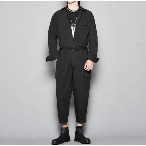 Recommended, hidden autumn and winter new black long-sleeved overalls British fashion light industry lapel jumpsuit