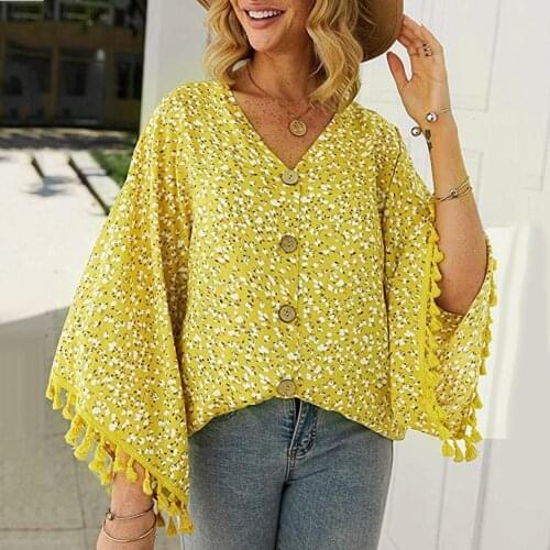 Summer Autumn Tassels Cuff Shirts Women Print Loose Buttons Chiffon Blouses Casual Chemise Femme Tops Plus Size Blusas Mujer