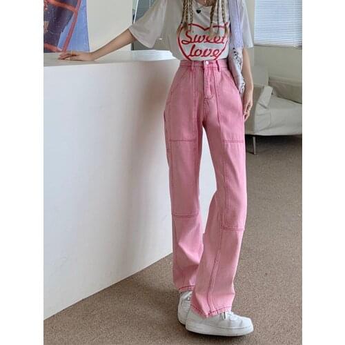 Shnsophi Korean Pink Jeans Vintage Trousers Fall 2021 Women High Waist Loose Straight Wide Leg Pants Fashion Denim Jeans Mom