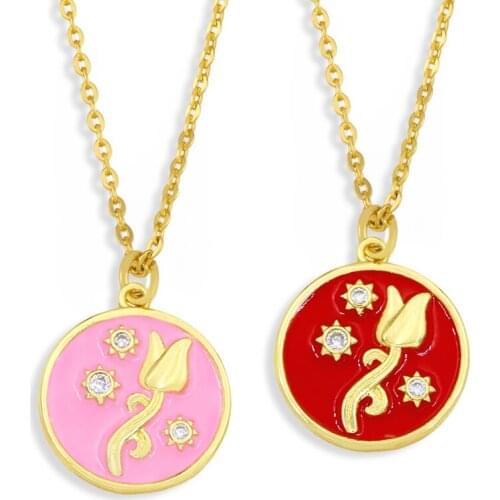 FLOLA Gold Chain Copper CZ Rose Necklace For Women Crystal Round Pendant Red Pink Flower Necklace Girls Jewelry Gift nkew07