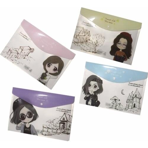 4pcs A4 Button PP Color Printing Transparent Waterproof Portable Folder Stationery Bag Folder File Archive Bag Office Supplies