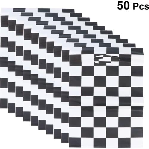 50pcs Racing Car Theme Gift Bag Plastic Candy Pouch Black White Checkered Printing Packing Tote Bags For Birthday Party Supplies