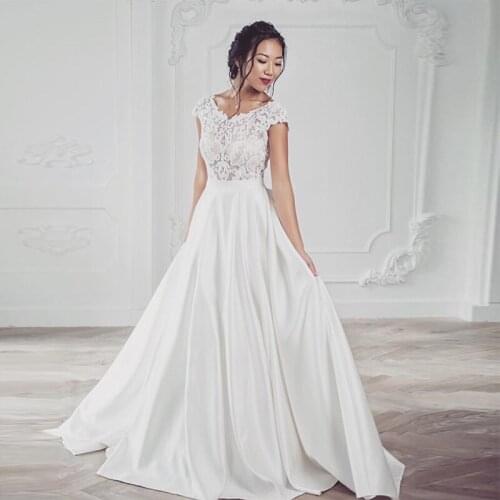 Boho A-line Wedding Dress V-neck Cap Sleeves Appliques Satin Bridal Dress Illusion Bodice Backless Sweep Train Vestido De Novia