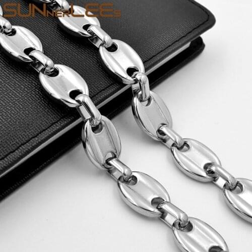 SUNNERLEES 316L Stainless Steel Necklace 15mm Huge Coffee Beans Link Chain Silver Color Men Women Fashion Jewelry Gift SC13 N