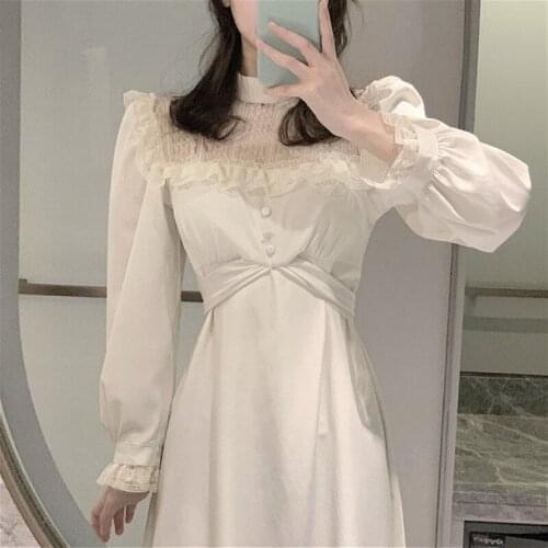 Elegant Dress Women Casual Puffer Sleeve Slim Lace One Piece Dress Korean 2021 Spring Y2k Vintage Fairy Dress Female Kawaii