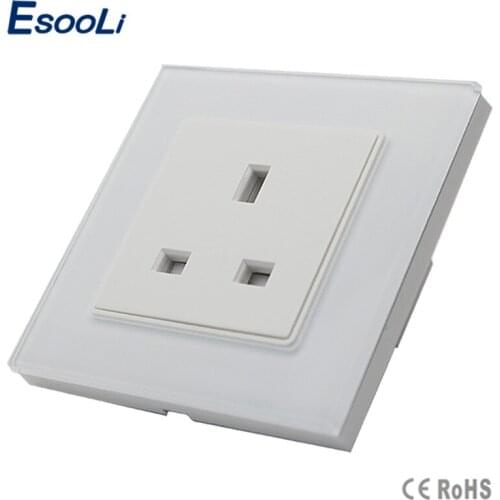 Esooli New Arrived UK Standard Socket, White Crystal Glass Panel, AC110~250V, 13A Wall Outlet, GB-C7C1UK-11, 86mm*86mm