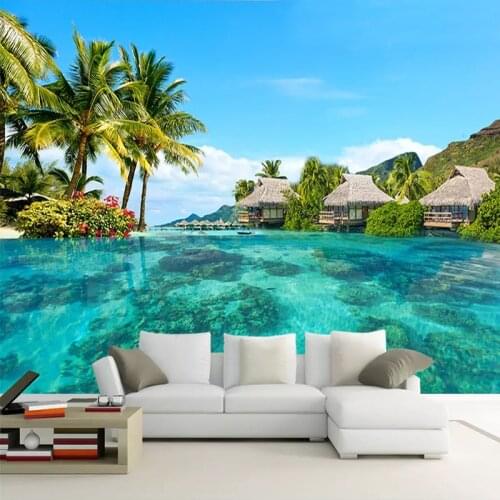 Custom Photo Mural Self-adhesive Sticker Wallpaper Sea View Beach Coconut Tree Living Room Bedroom Wall Decor Papel De Parede 3D