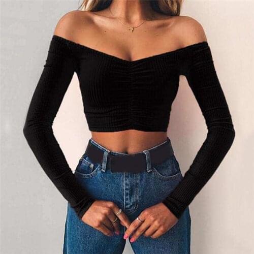Fashion Women T-shirts Sexy Off shoulder Crop Top Long sleeve Slim V neck solid color T shirt Ladies Basic Tees Club Streetwear