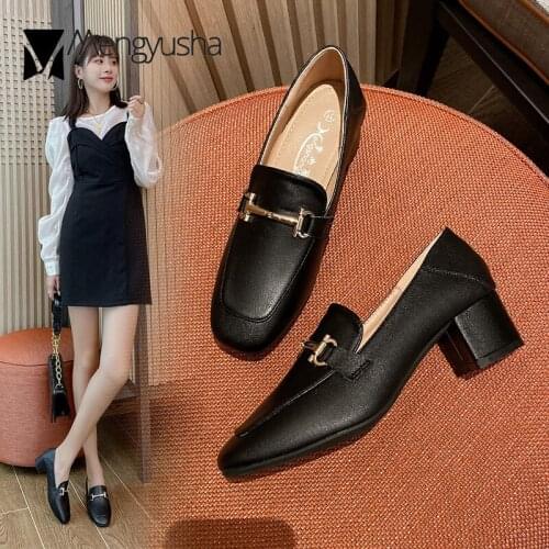 Square Toe mary janes shoes woman metal buckle pumps thick med-high heels shoes women two ways slip on pu leather tacones 2020