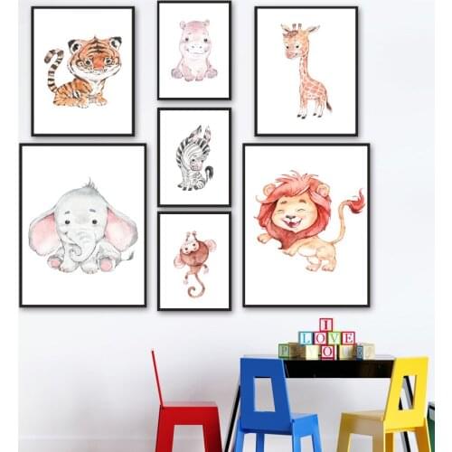 Woodland Zebra Tiger Elephant Lion Monkey Nursery Wall Art Prints Canvas Painting Nordic Poster Decor Pictures Baby Kids Room