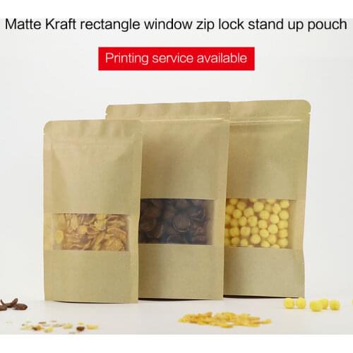 Matte kraft paper zip lock bag with rectangle window stand up pouches with zipper coffee tea snack food packaging bags