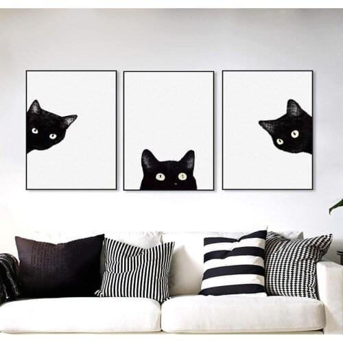 Cute Black and White Kitten Decorative Painting Ins Nordic Simple Cartoon Bedroom Living Room Canvas Painting Cat Poster Print