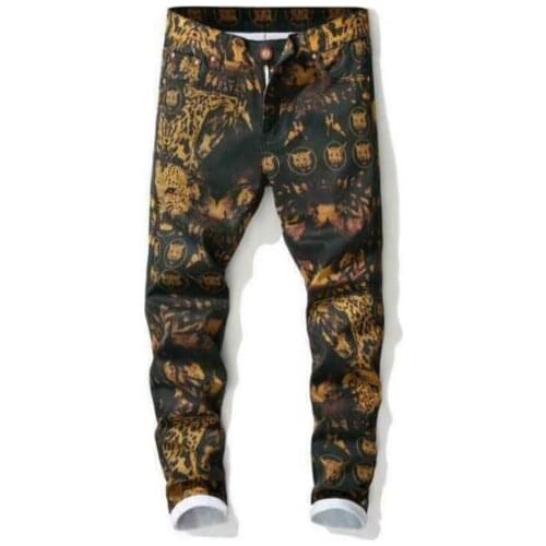 Fashion Mens Snake Skin Printed Casual Cotton Blend Jeans Mid Stright Pant Trousers