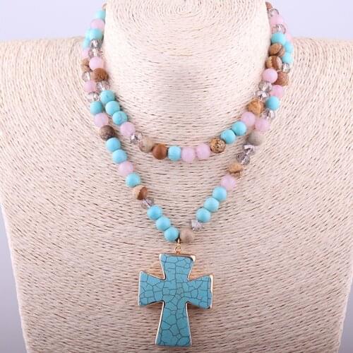 MOODPC Free Shipping Bohemian Jewelry Fashion Multi Color Natural Semi Precious Stone Cross Necklace