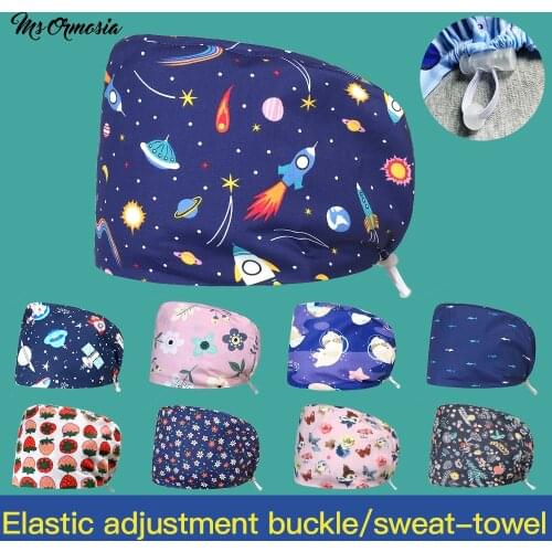 Cartoon Print Pet Grooming Scrub Women Hat Adjustable Elastic Buckle Multicolor Scrub Cap Nutritionist Work Hats Sweat-absorbent