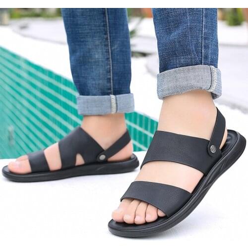 Mens Summer New Sandals and Slippers Mens Leather Sandals Adult Thick-soled Beach Shoes Non-slip Open-toe Leather Sandals