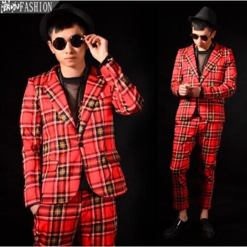Red grid blazer men suits designs jacket mens coat stage costumes for singers clothes dance star style dress punk rock