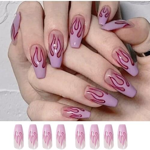 24Pcs Taro purple Long Flame Coffin False Nails Wearable Artificial Detachable Ballerina Women Fashion Full Cover Manicure Tool