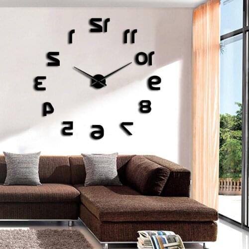 Backwards DIY Big Large 3D Wall Clock Wall Sticker Modern Design Reverse Numbers Mirrored Art Decor Adhesive Wall Clock