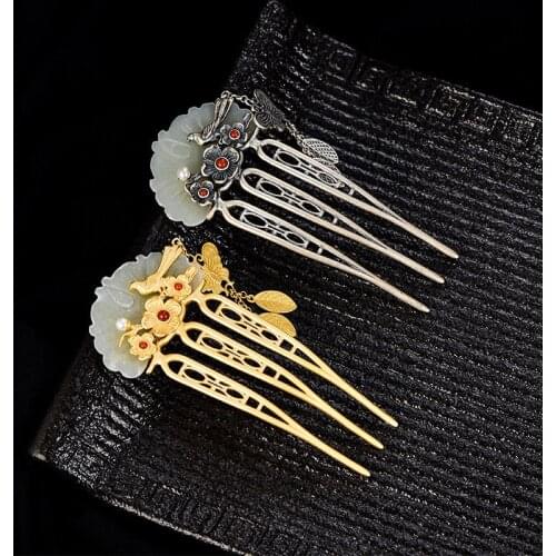 Jade Pearl Agate 925 Sterling Silver Hair Comb Gold Plated Tasseks Hairpin Fine Jewelry Chinese Wedding Gift