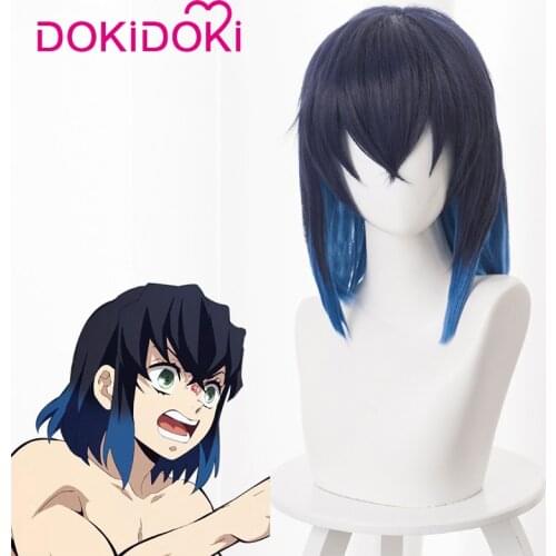 DokiDoki Anime Cosplay Wig Demon Slayer: Kimetsu no Yaiba Copslay Wig Hashibira Inosuke Hair Men White & Blue Short Hair