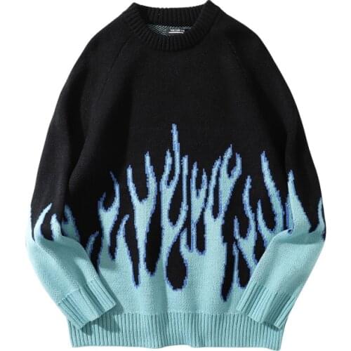 Harajuku Style Flame Print Long-sleeved Pullover Sweater Lovers Hip-hop Lovers Loose Oversize Man and Women Sweater