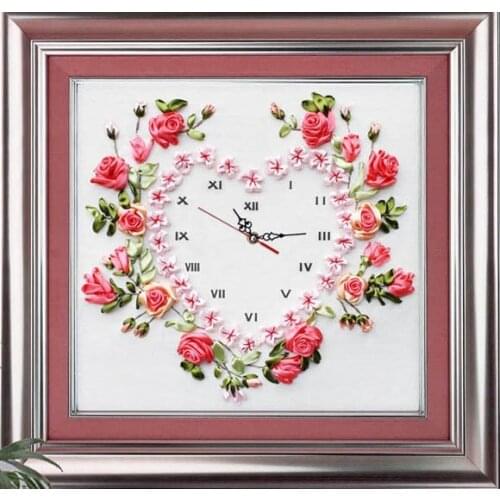 Rose flower heart Ribbon embroidery Roman numerals clock watch handcraft cross-stitch DIY handmade needlework art decor gift