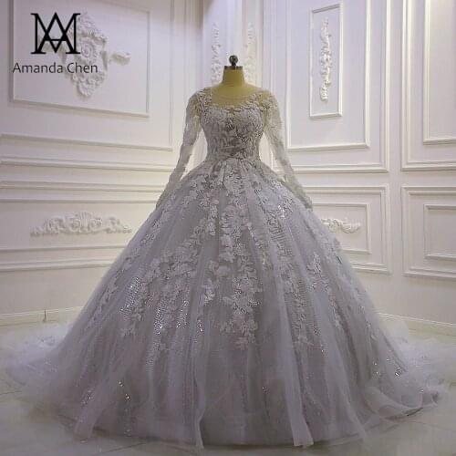 Robe de mariée 2021 Full Sleeve Lace Applique Beading Wedding Dress