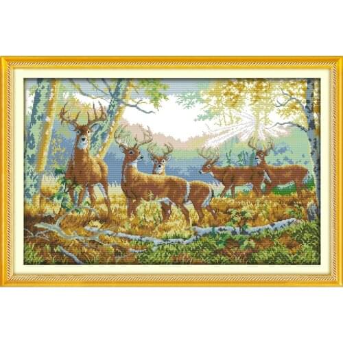 Everlasting Love Five Deer In Forest Chinese Cross Stitch Kits Ecological Cotton Stamped 11 14CT DIY Wedding Decoration For Home
