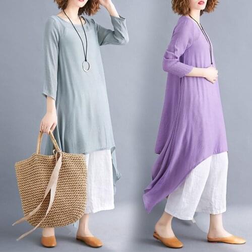 2021 Foreign Trade Spring And Summer New Style Solid Color Expandable Linen WOMENS Dress Loose-Fit Long-Sleeve Cotton And Linen