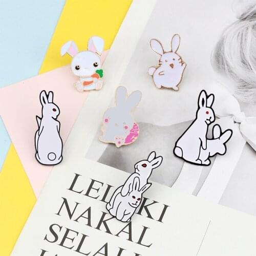 Funny Rabbit Brooches Badges for Women Kids Simple White Black Pink Cartoon Animal Enamel Pin Shirt Bag Jackets Men Jewelry Gift