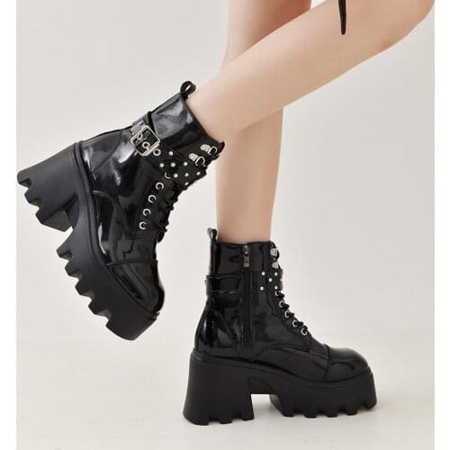 New Spring Autumn Zippers Buckle High Square Heel Boots For Women 2021 Lace Solid Round Toe Ankle Patent Leather Modern Shoes