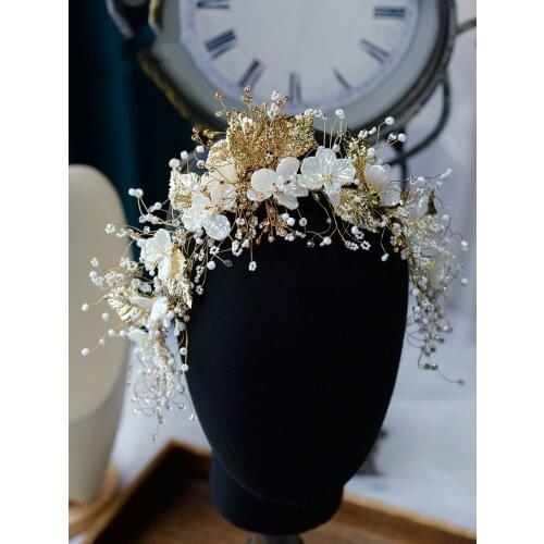 HIMSTORY Bride Hair Jewelry Shell Patal Hair Accessories Hairband Gold Leaf Wedding Headwear Headpieces Crown Queen Tiara