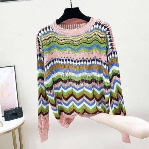 Women Striped Long Sleeve Pullover Sweater 2021 Autumn O-neck Korea Casual Loose Pull Jumpers Femme Fall Tops Hollow Out Sweater