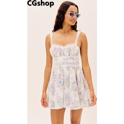 CGshop Fashion Women Lace Chiffon Holiday Party Dress Female Sexy Sleeveless Floral Print A-line Short Dress Summer Robe