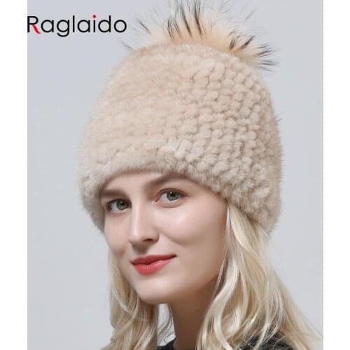Winter Warm Women Hat Knitted Mink Fur Fox Pompom Cap Natural Fur Hats High Quality