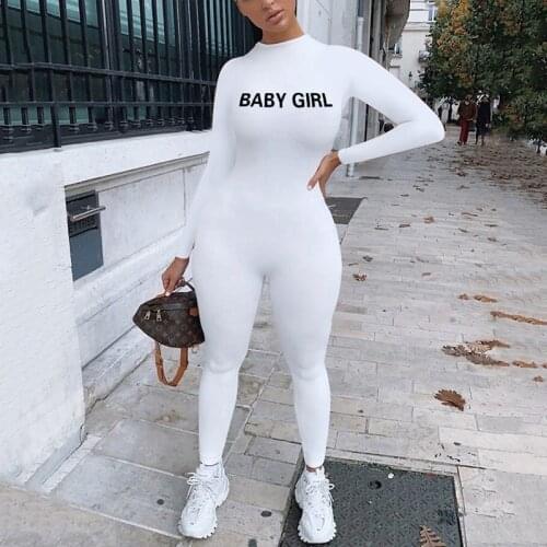 2020 Streetwear Trendy Jumpsuit Fall Winter Women BABY GIRL Letter Print Long Sleeve Skinny Sexy Female Fitness Rompers Overalls