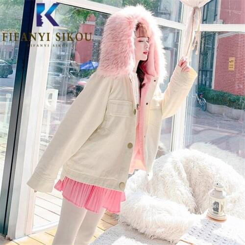 2020 Winter Women Pink Denim Jacket Fashion Big Fur collar Hooded Jeans Jacket Thick Warm Lambswool Jackets Short Jeans Coat